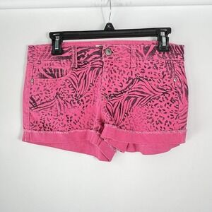 Y2K LEI Womens Juniors Size 7 Pink Animal Print Ashley Low Rise Denim Shorts
